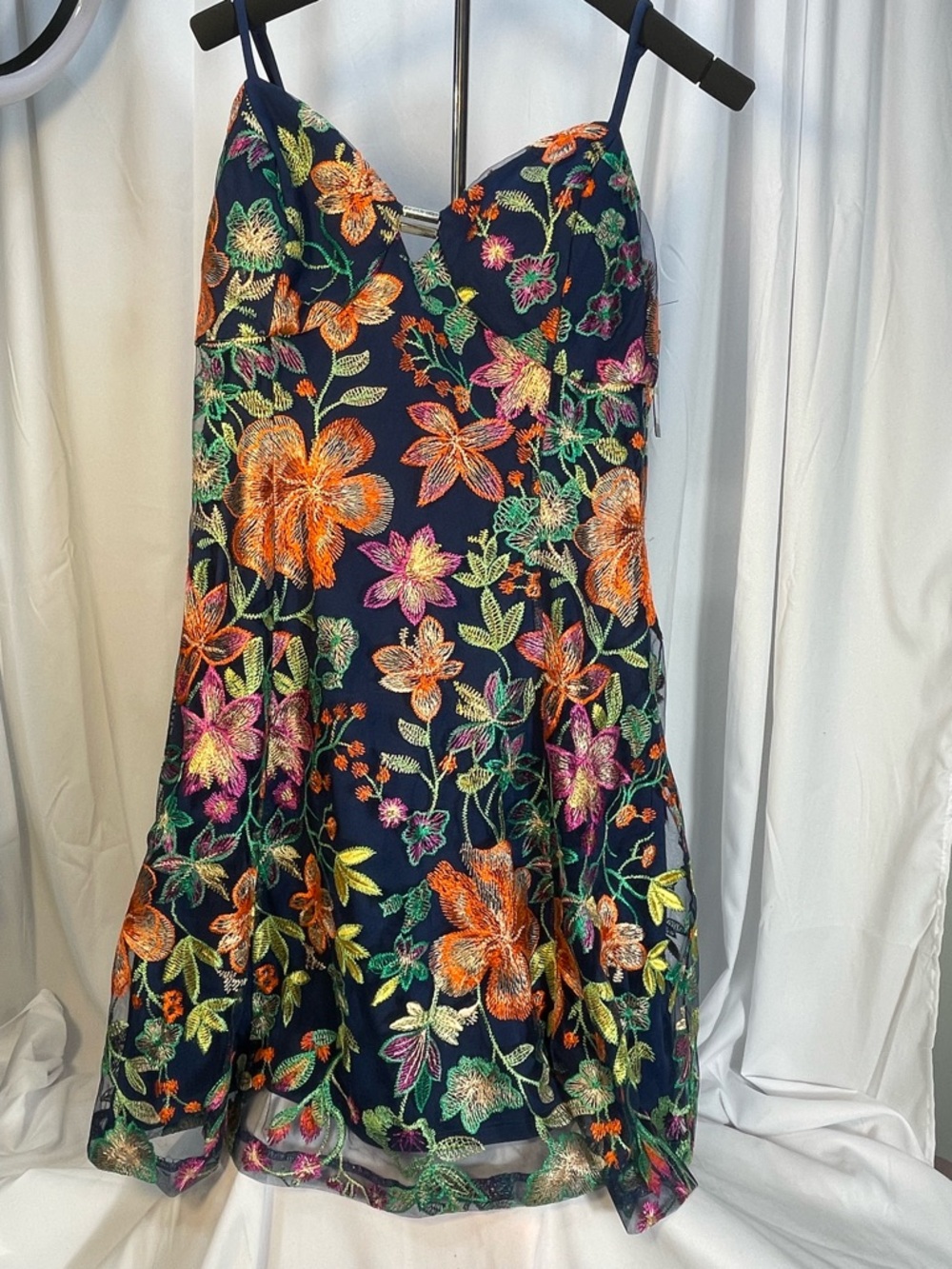 Guess Navy w/Vibrant Floral Embroidery Statement Mini Dress NWT MSRP $140